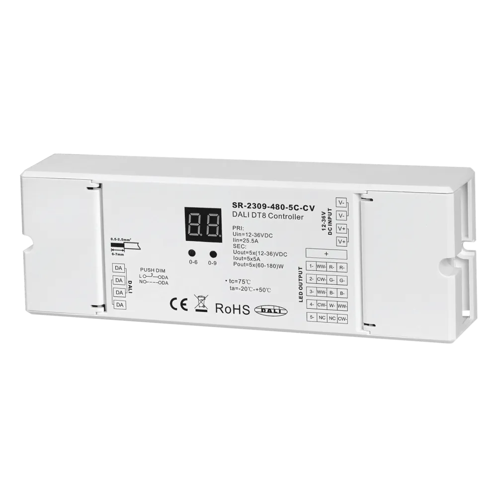 5 channel DALI DT8 LED dimmer, RGBWA, constant voltage 12-36VDC, max. 900W