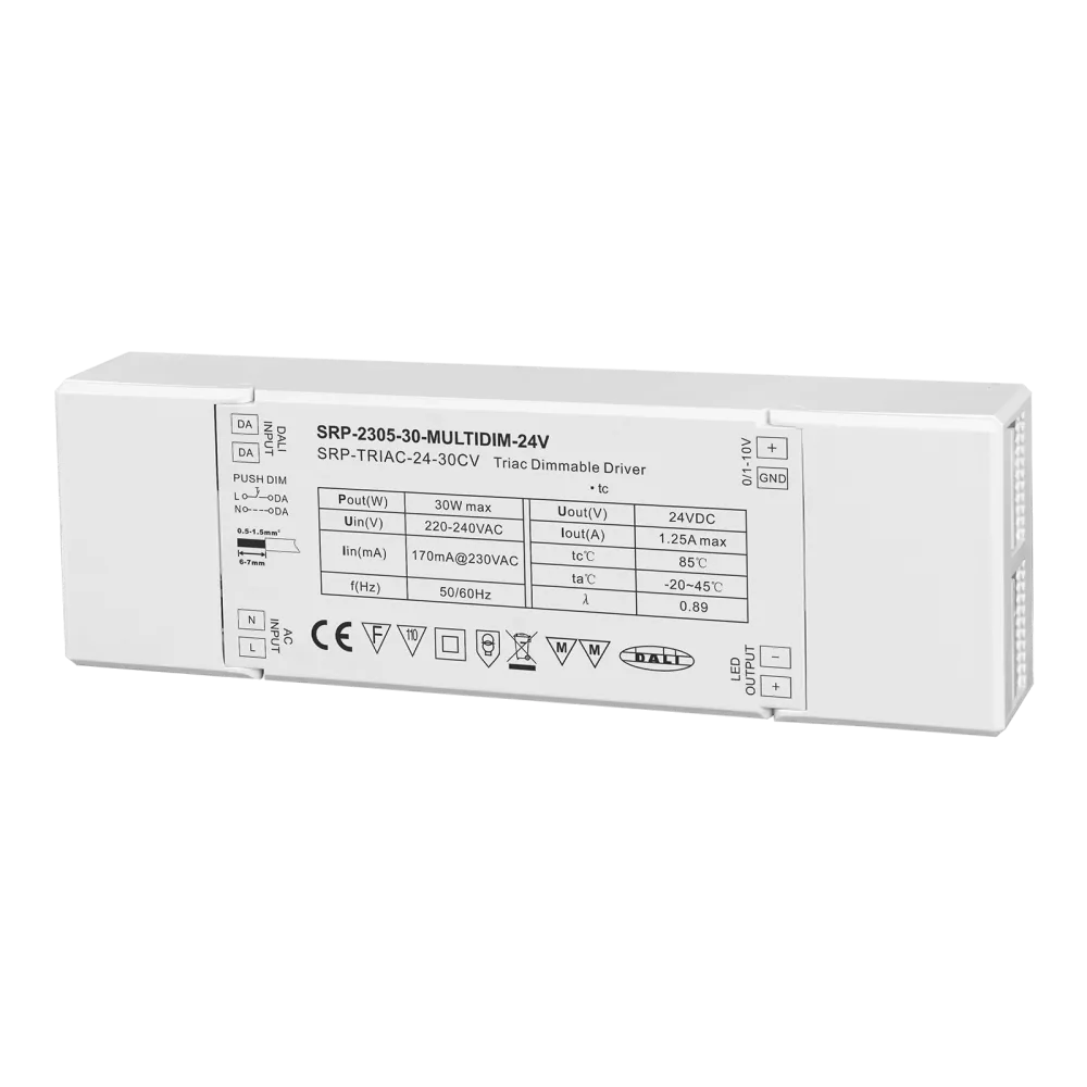 30W DALI/Push+Triac+0/1-10V LED Driver 24VDC