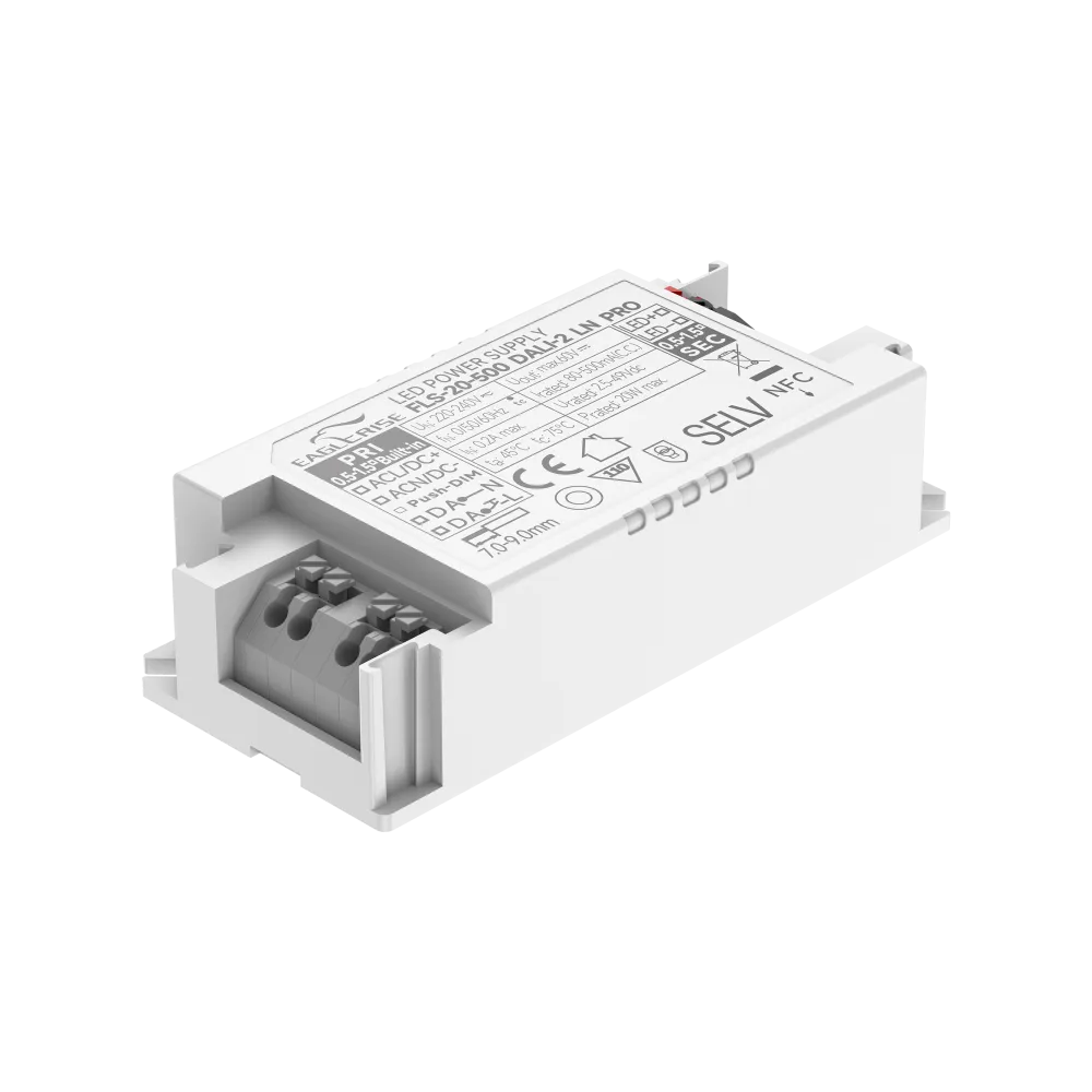 20W LED Driver Constant Current 80 to 500mA, 2.5 to 49Vdc, DALI2, AC Push, NFC