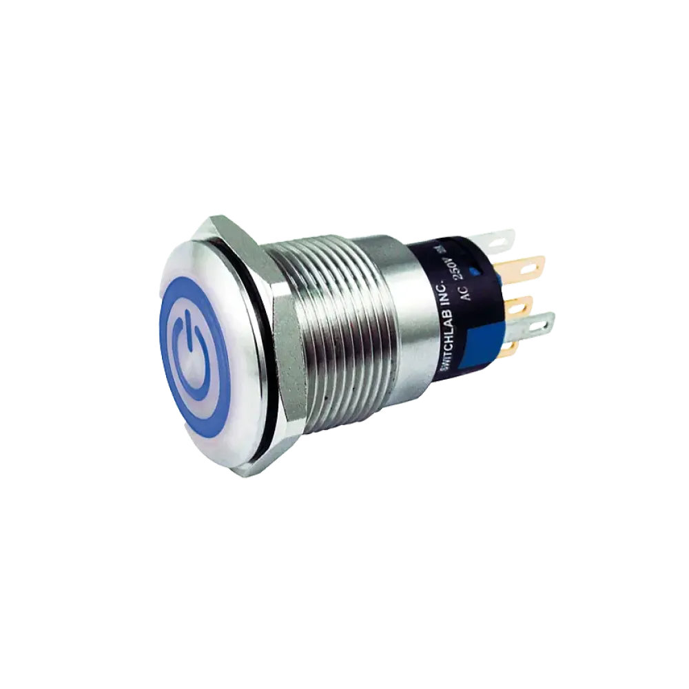 Illuminated Pushbutton switch with power imprint, blue