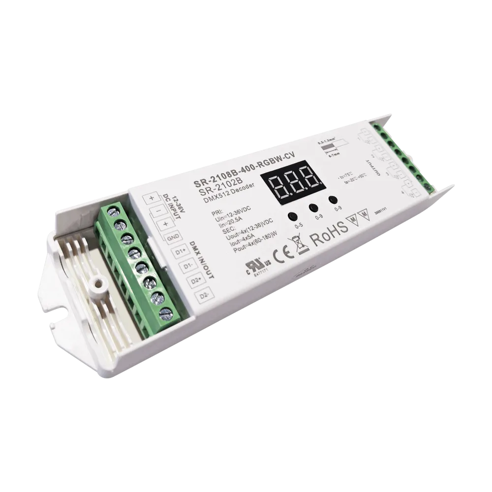 4 channel DMX512 LED dimmer, RGBW, constant voltage 12-36VDC, max. 720W