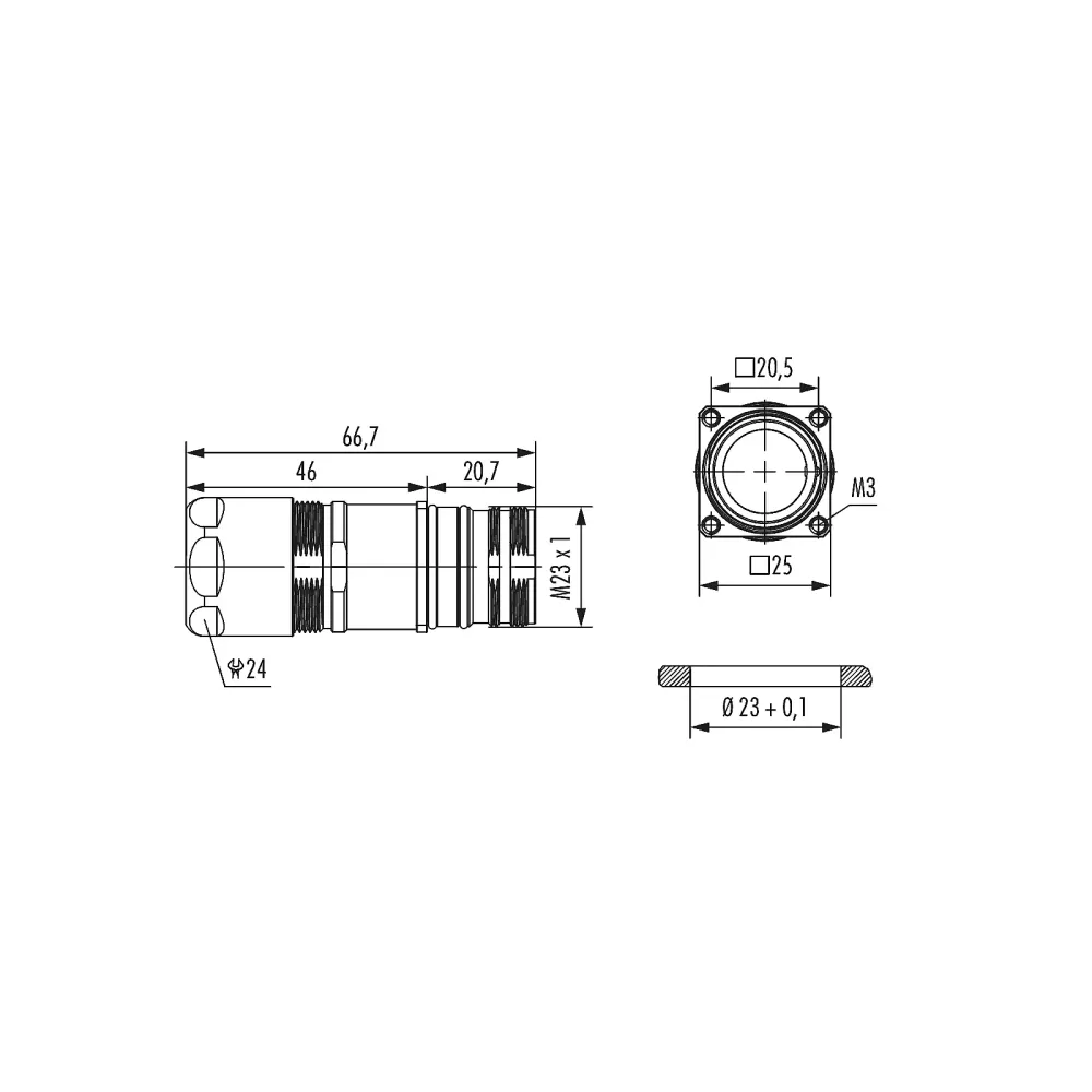Housing M23 appliance coupler with strain relief Signal rear panel