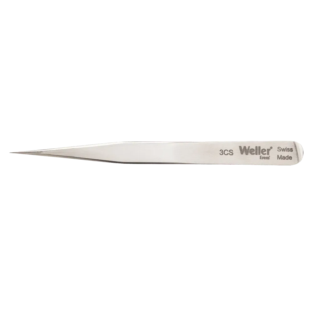 Precision tweezers with long tips for precision work on printed circuit boards