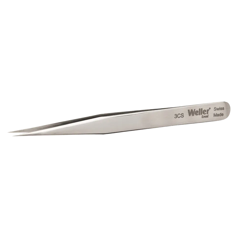 Precision tweezers with long tips for precision work on printed circuit boards