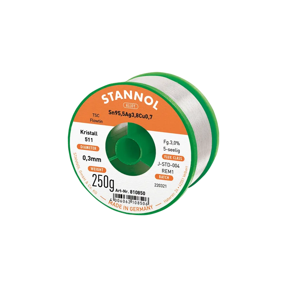 Fil de soudure cristal 511, Sn95,5Ag3,8Cu0,7 - FLOWTIN TSC, RE M1, 0.3mm, 250g