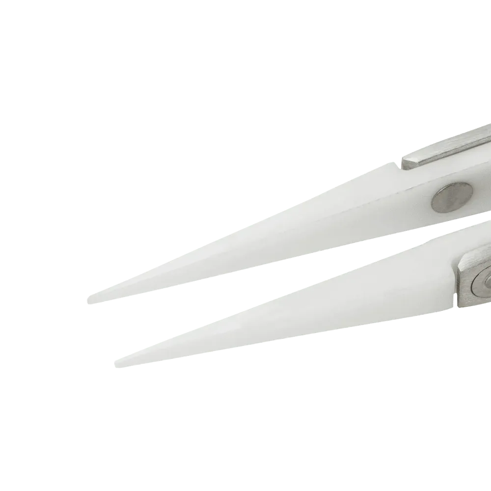 Precision tweezers with ceramic tip and finger profile for a secure grip