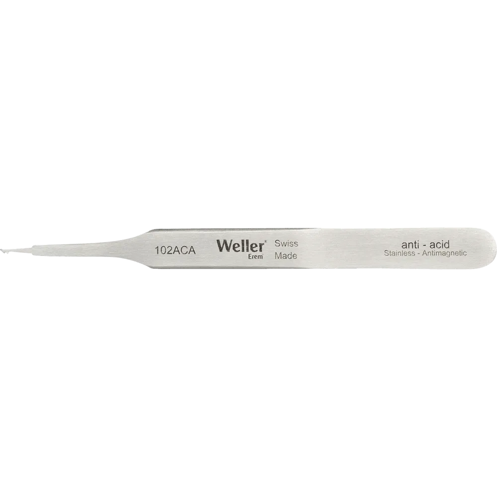 SMD tweezers, angled 45°, with pointed tips for vertical application.