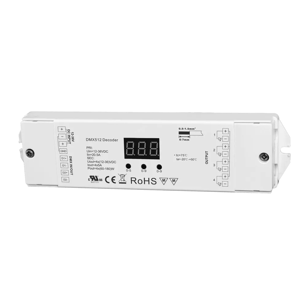 4 channel DMX512 LED dimmer, RGBW, constant voltage 12-36VDC, max. 720W