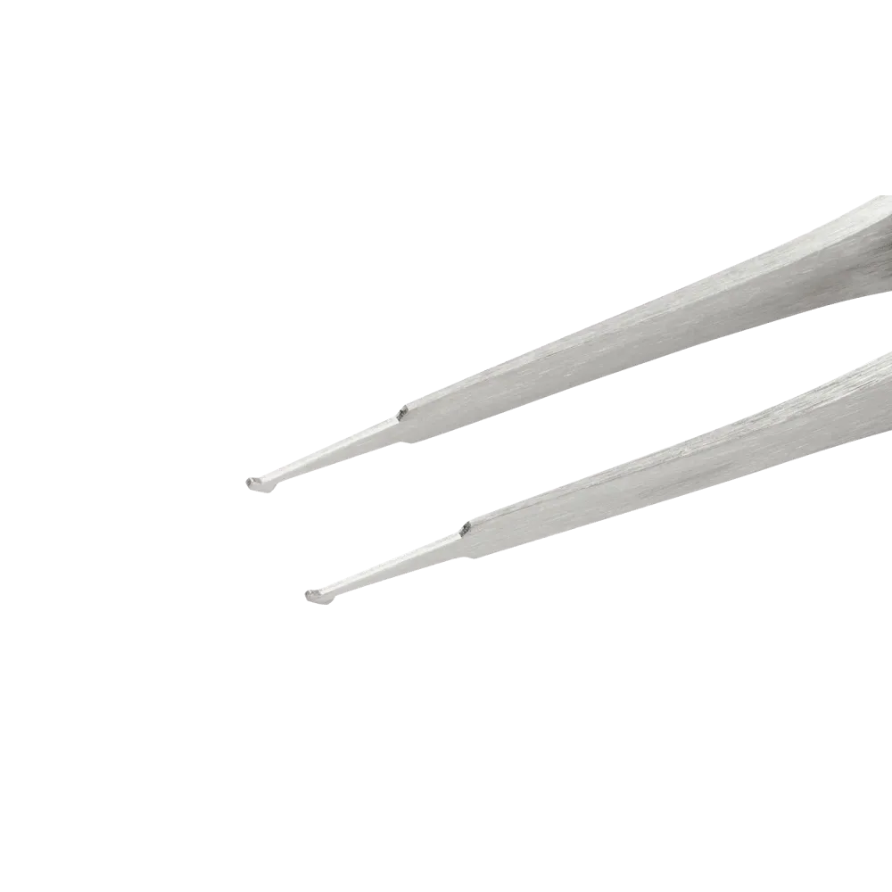 SMD tweezers, angled 45°, with pointed tips for vertical application.