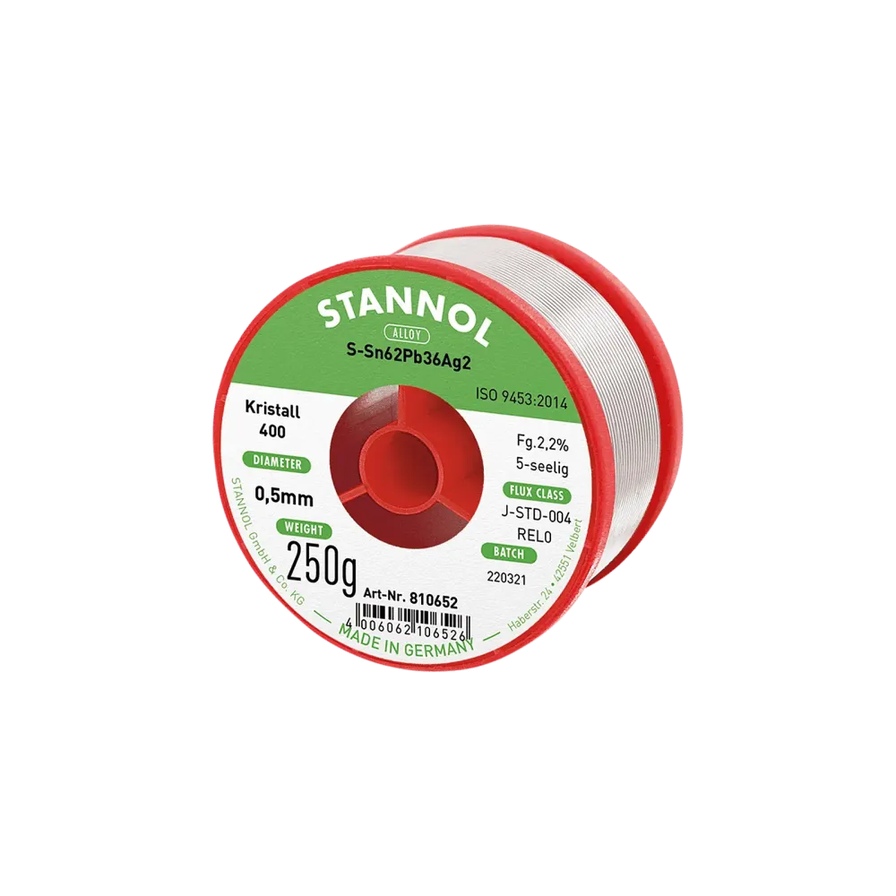 Solder wire crystal 400, Sn62Pb36Ag2, RE L0, 0.5mm, 250g