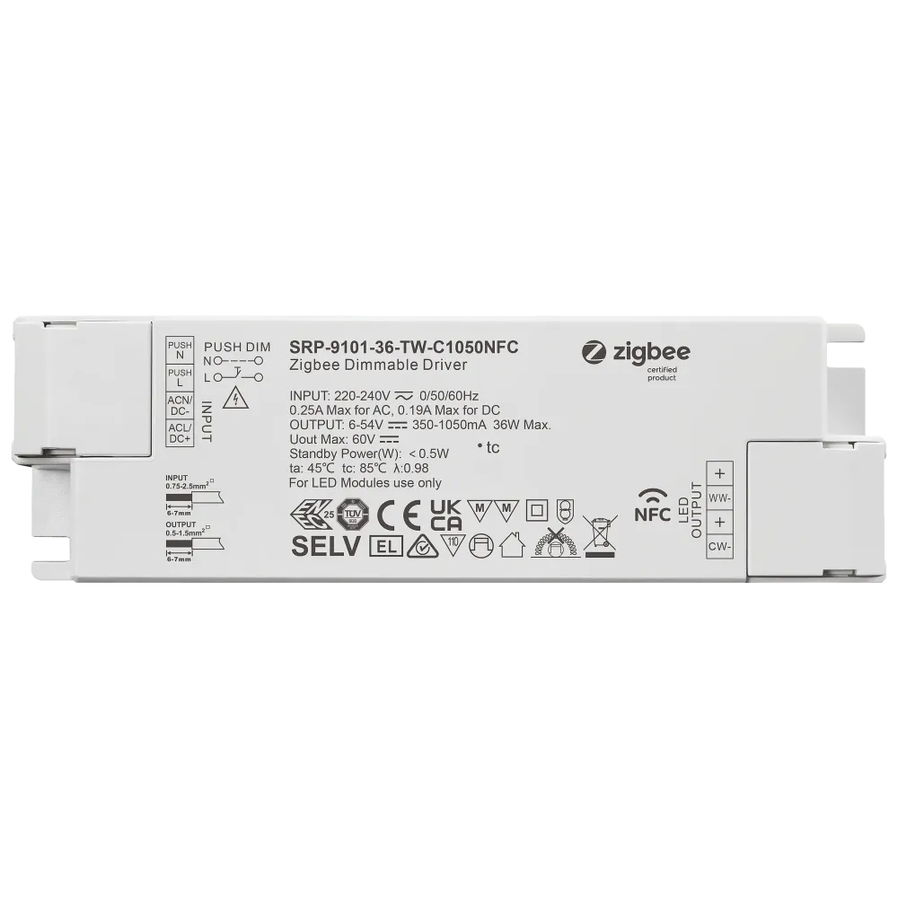36W ZigBee 3.0, AC-PUSH, Tunable White LED TREIBER CC 350-1050mA with NFC