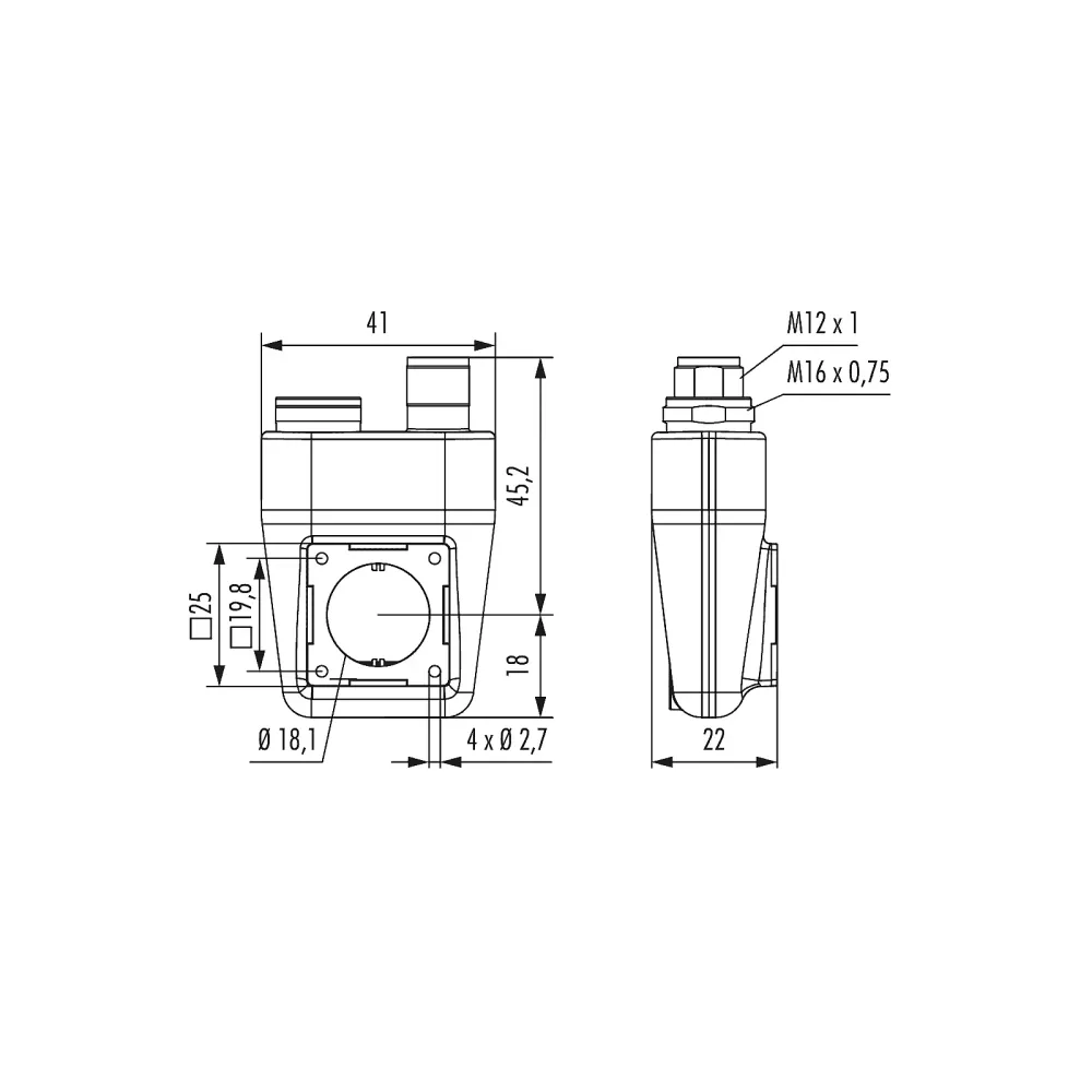 Housing M16 cable connector TWINTUS M16/M12 flange 25 x 25mm