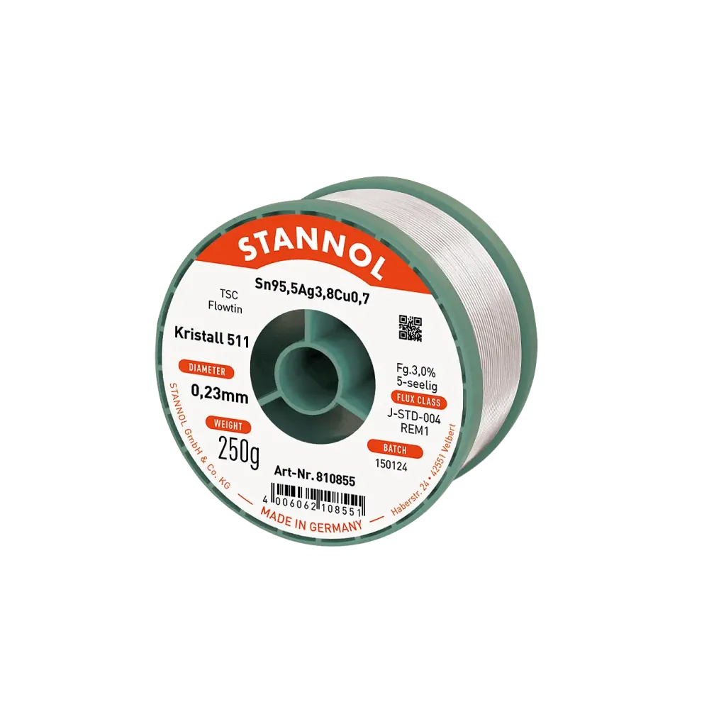 Filo per saldatura crystal 511, Sn95,5Ag3,8Cu0,7 - FLOWTIN TSC, RE M1, 0.23mm, 250g