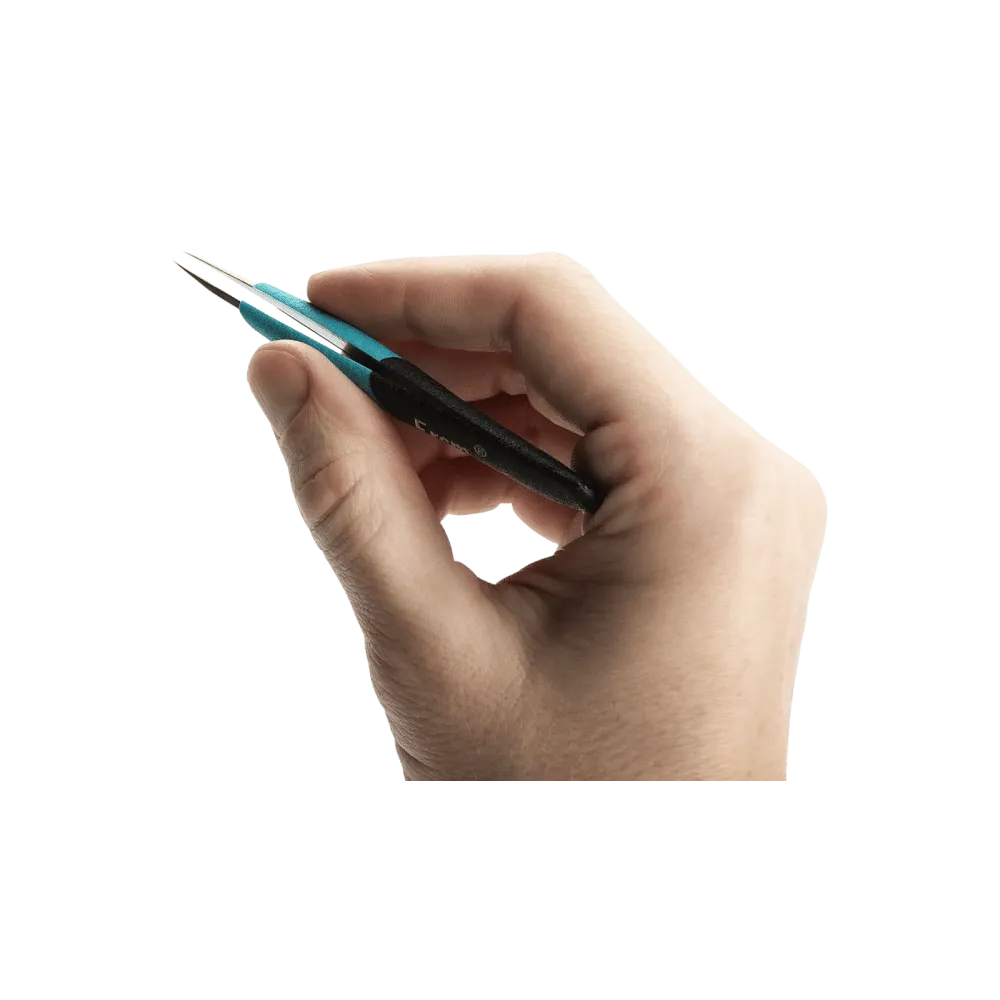 Ergonomic precision tweezers with long, straight, fine tips