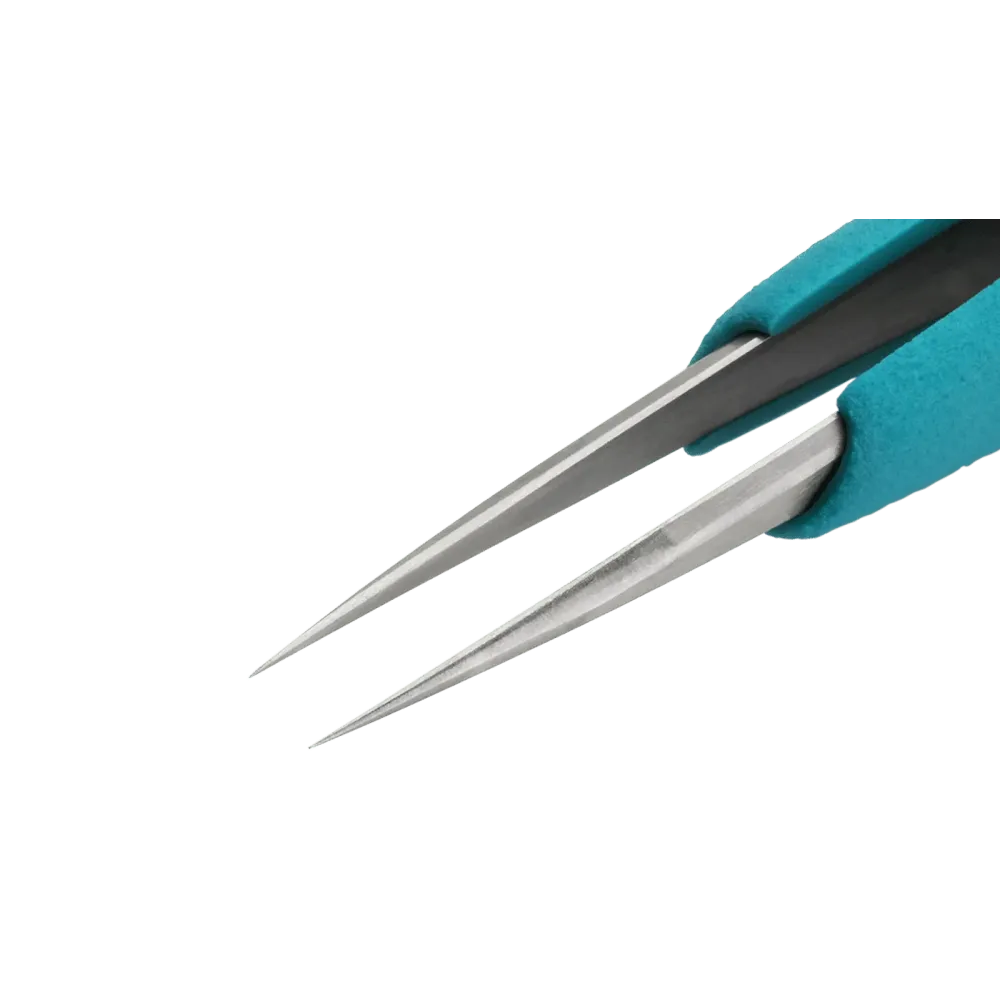 Ergonomic precision tweezers with long, straight, fine tips