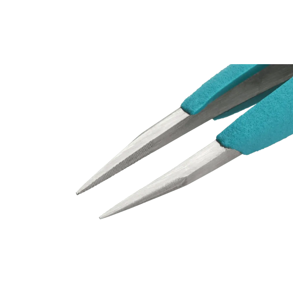 Ergonomic, very robust precision tweezers with straight, strong tips