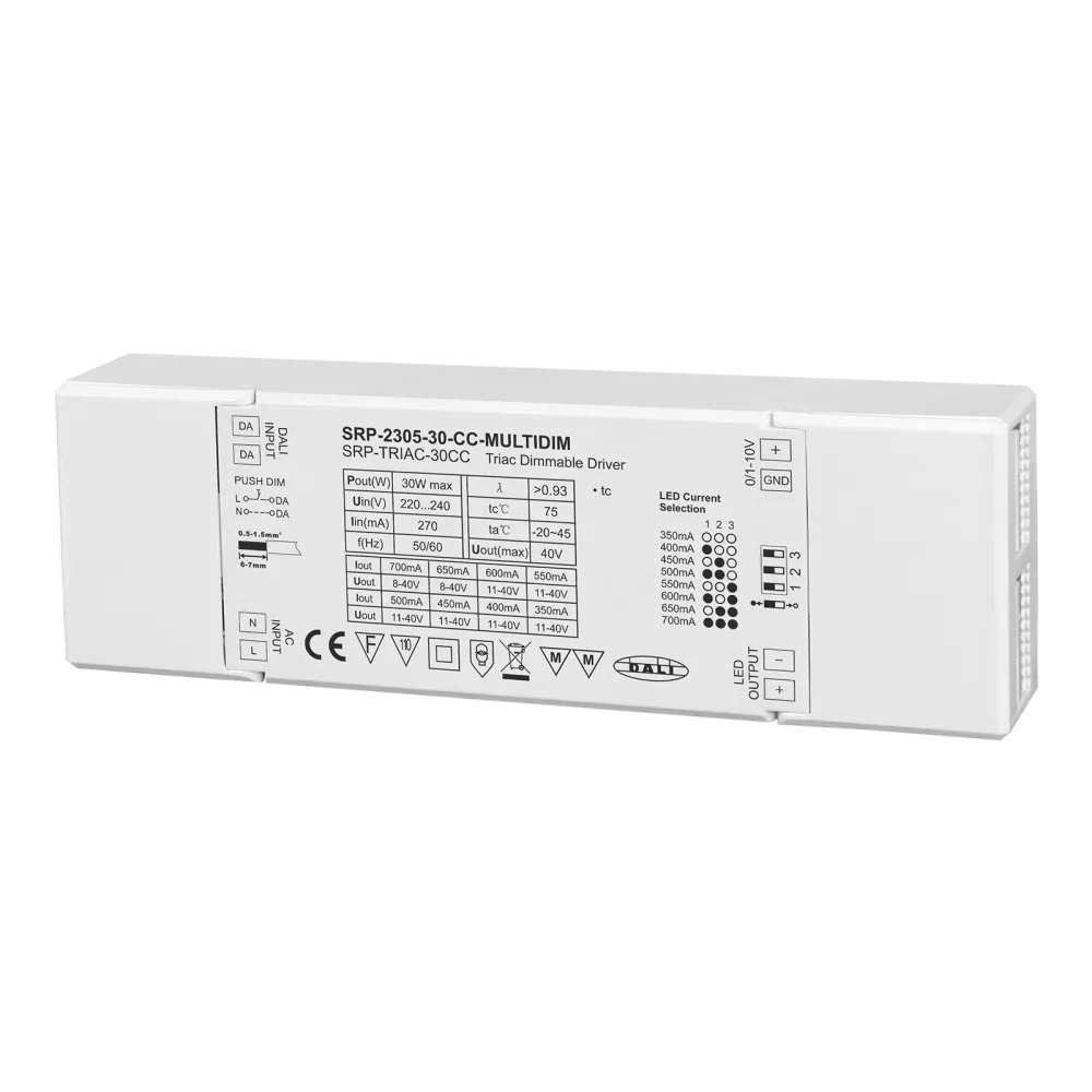 30W DALI/Push+Triac+0/1-10V LED Driver CC