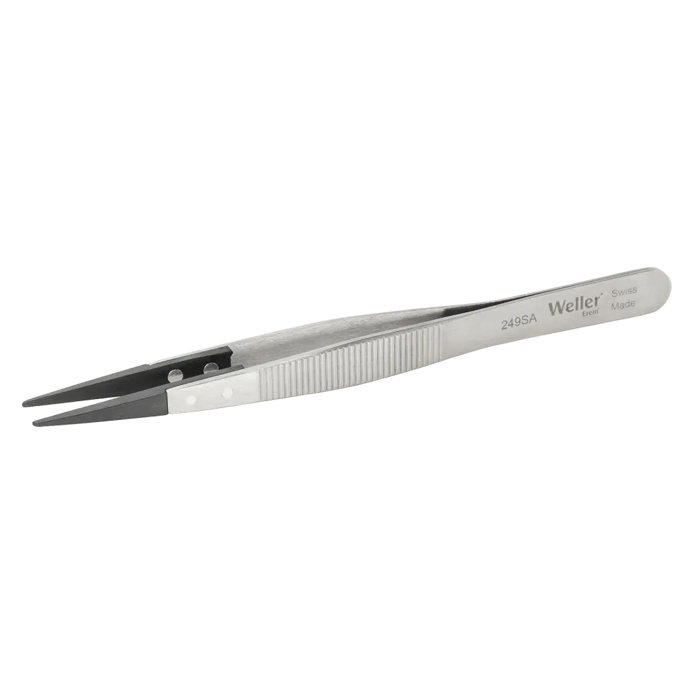 Precision tweezers with pointed plastic tips (PPS) and serrated finger grip