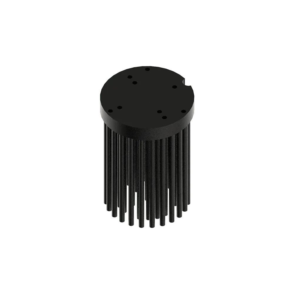 LED pin fin heat sink, ø47mm, H 68mm, Base 8mm, Zhaga&Philips holes, Black