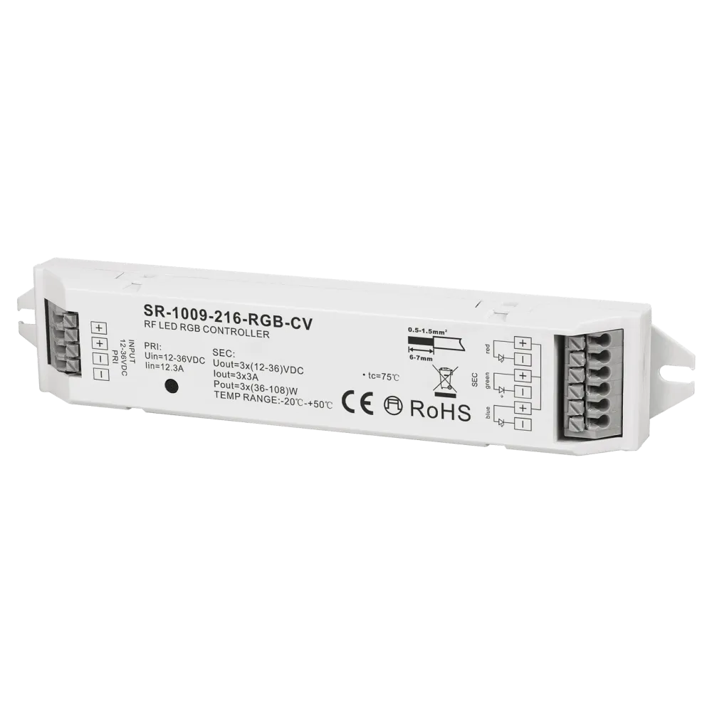 3 channel RF LED dimmer, RGB, constant voltage 12-36VDC, max. 324W