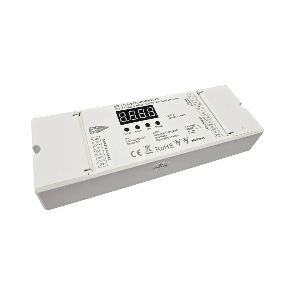 5 channel DMX512 RDM LED dimmer, RGBWW, constant voltage 12-36VDC, max. 900W