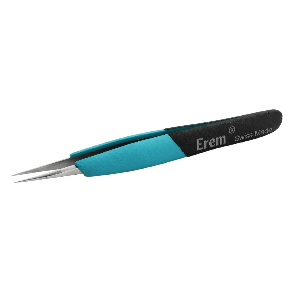 Ergonomic precision tweezers with long, straight, fine tips