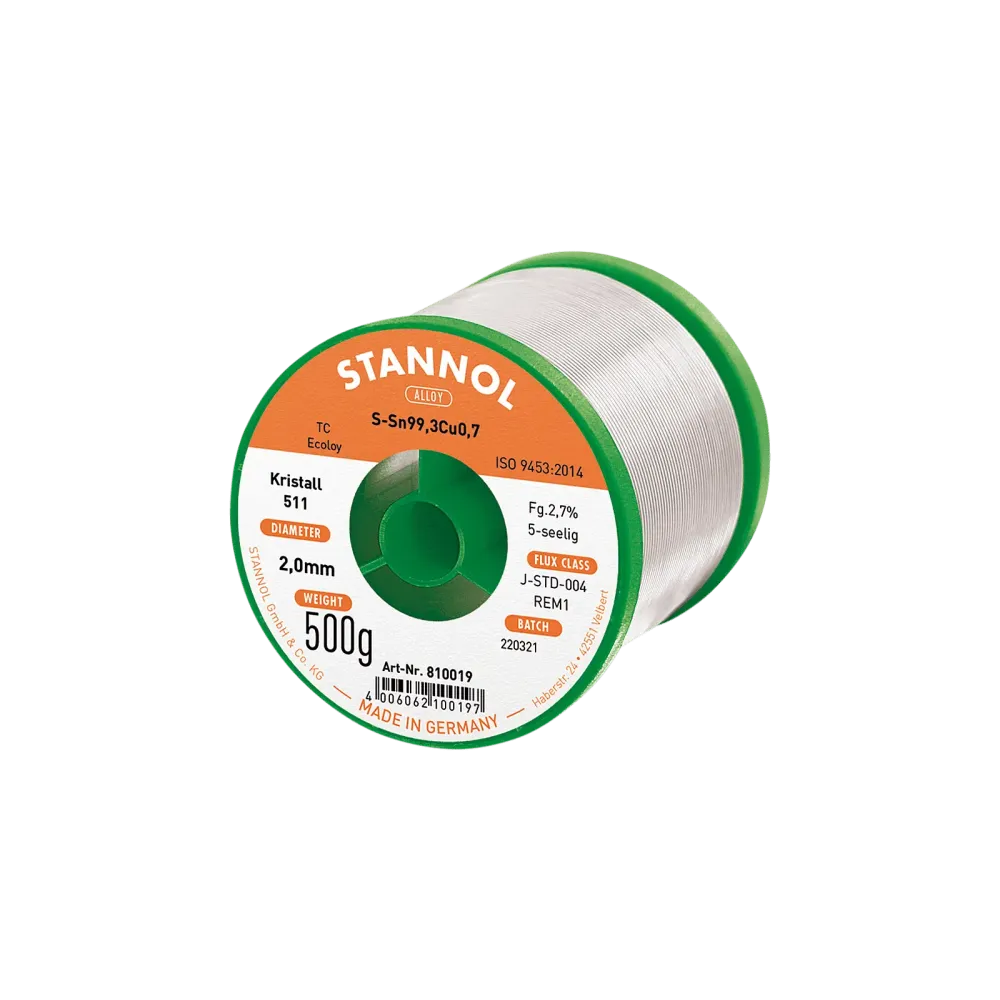 Solder wire crystal 511, Sn99.3Cu0.7 - TC, RE M1, 2mm, 500g