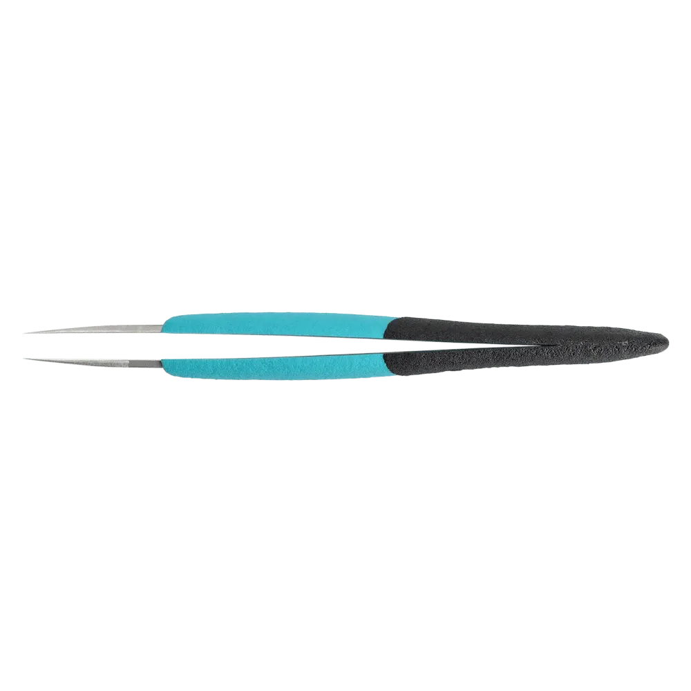 Ergonomic precision tweezers with long, straight, fine tips