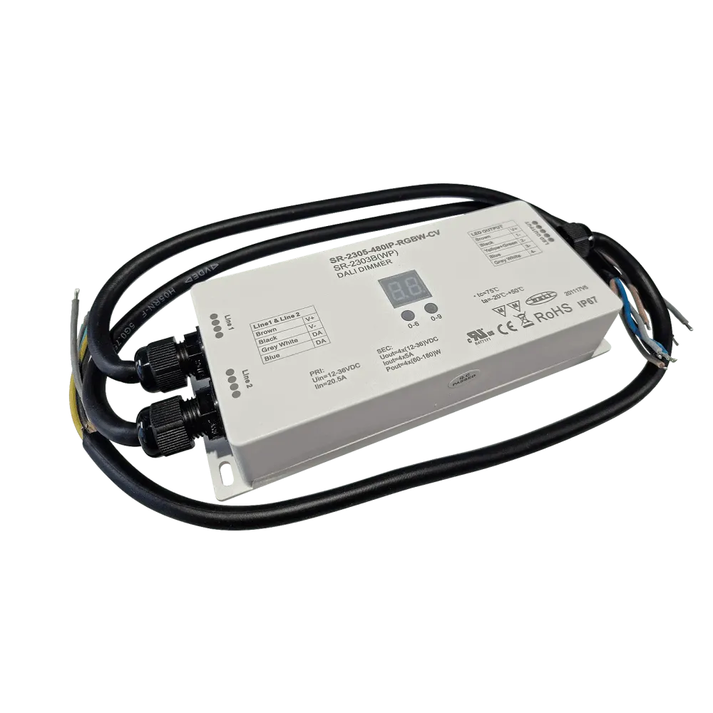 4-channel DALI DT6 LED dimmer, RGBW, constant voltage 12-36VDC, max. 720W, IP67