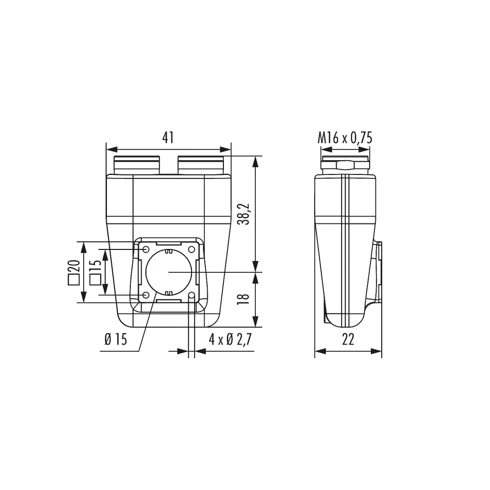 Housing M16 cable connector TWINTUS flange 20 x 20mm