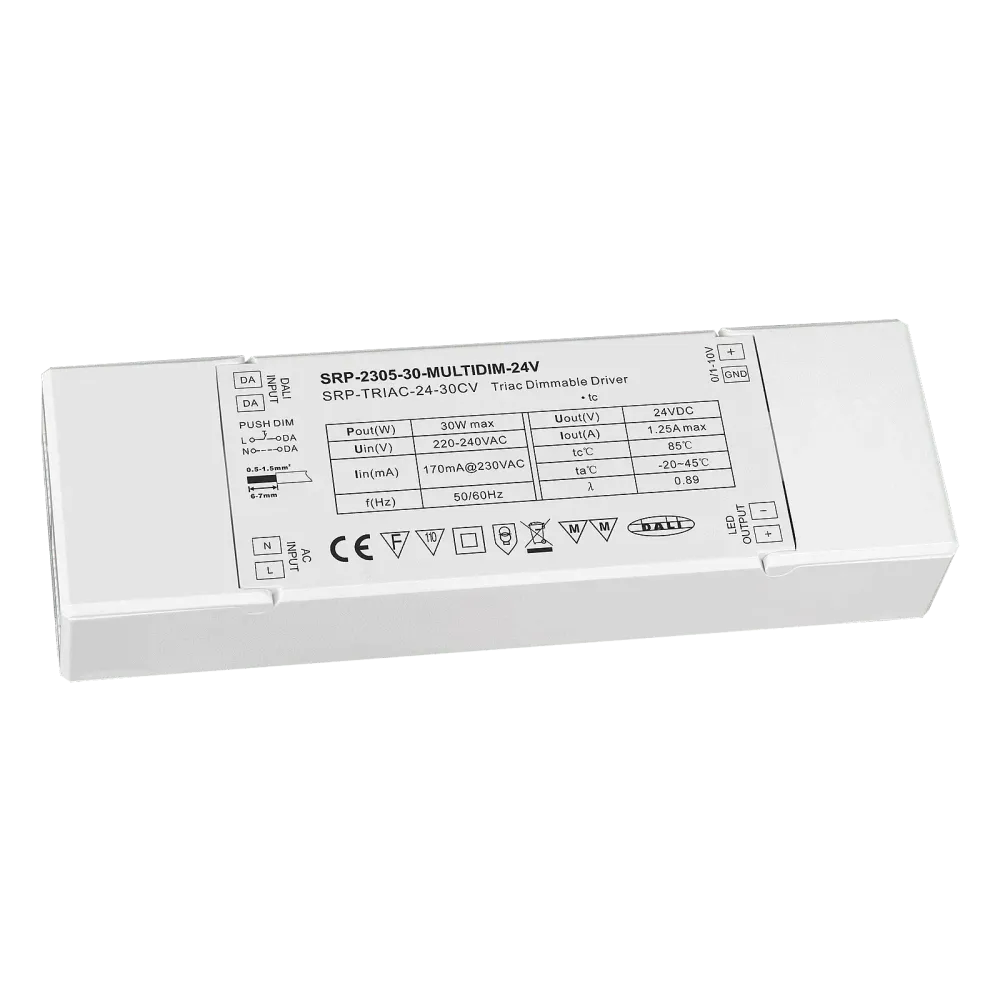 30W DALI/Push+Triac+0/1-10V, 24Vdc constant voltage LED driver
