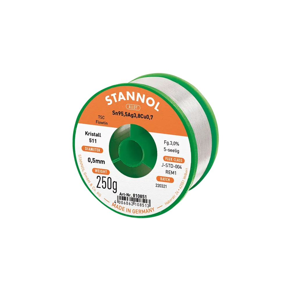 Solder wire crystal 511, Sn95,5Ag3,8Cu0,7 - FLOWTIN TSC, RE M1, 0.5mm, 250g