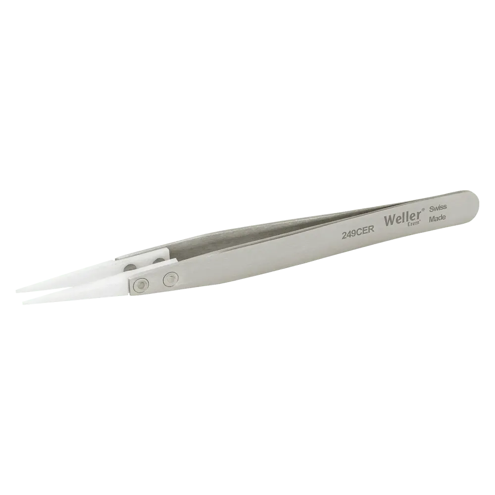 Precision tweezers with ceramic tip and finger profile for a secure grip