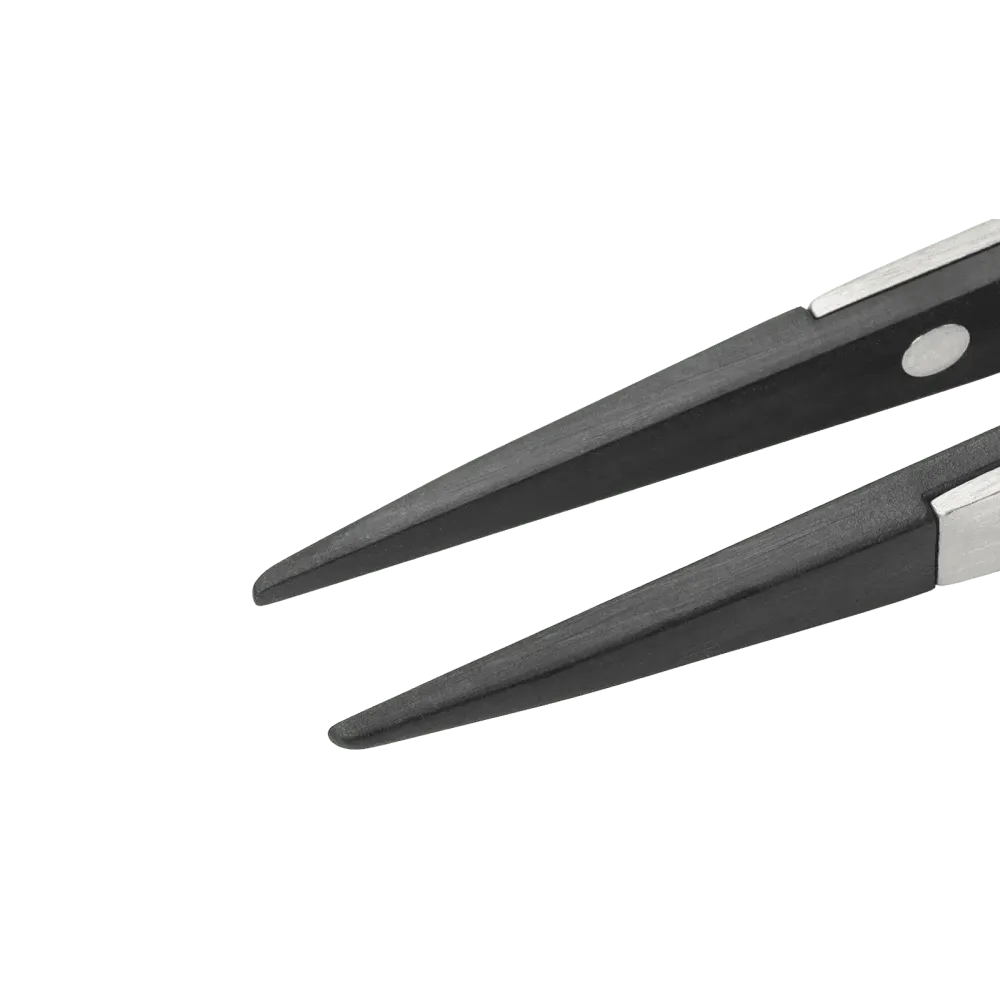 Precision tweezers with pointed plastic tips (PPS) and serrated finger grip