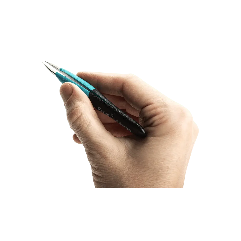 Ergonomic, very robust precision tweezers with straight, strong tips