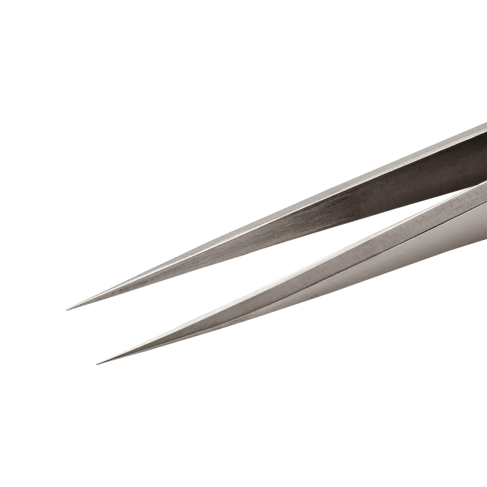 Precision tweezers with long tips for precision work on printed circuit boards